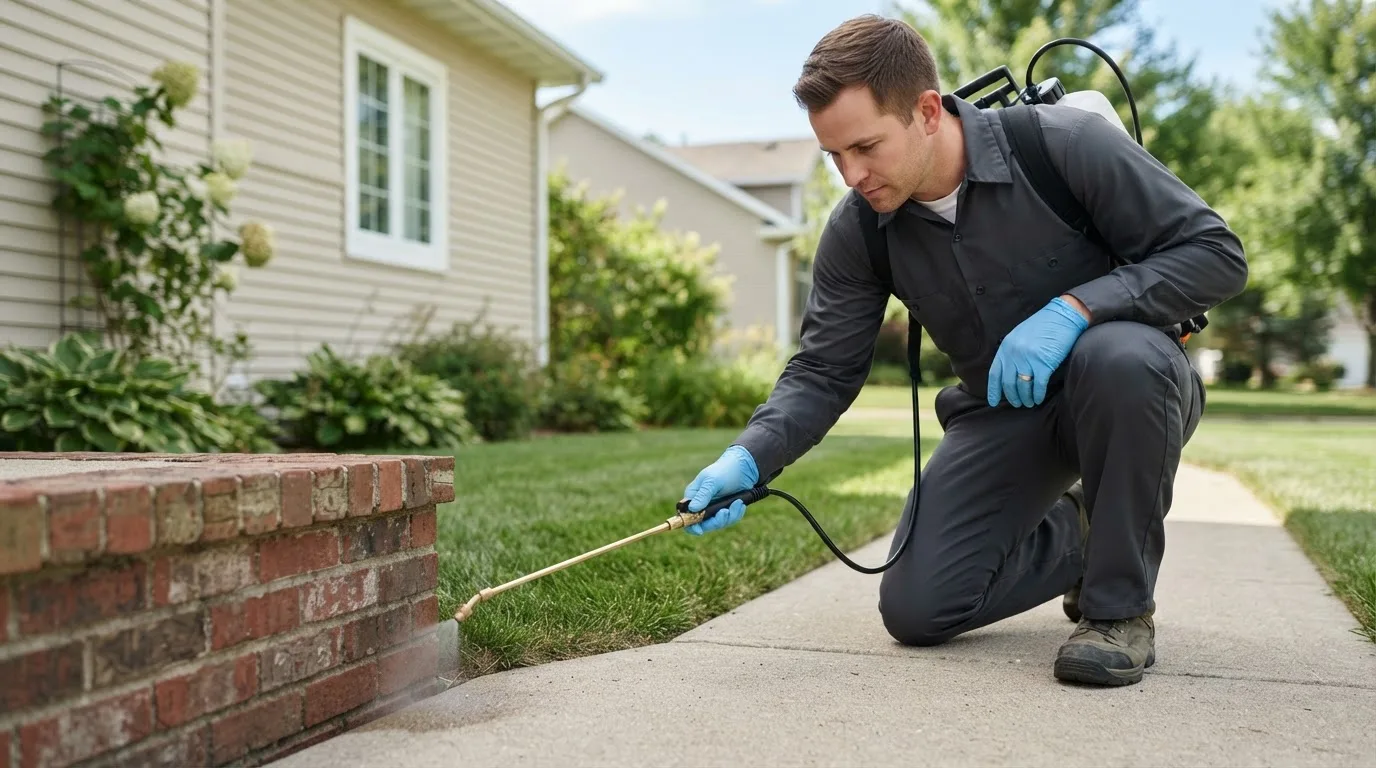 Pest control technician treating a home near Grand River, IA