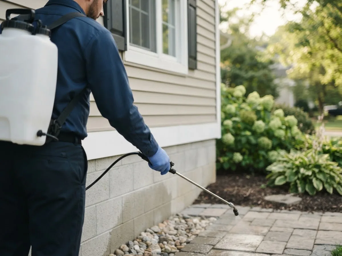 Pest control technician inspecting a home in Grand River, IA